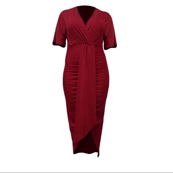 Red wine V Neck Dresses for Women Plus Size 4XL Short Sleeve High Waist Sexy…​​​ - Picture 4 of 4